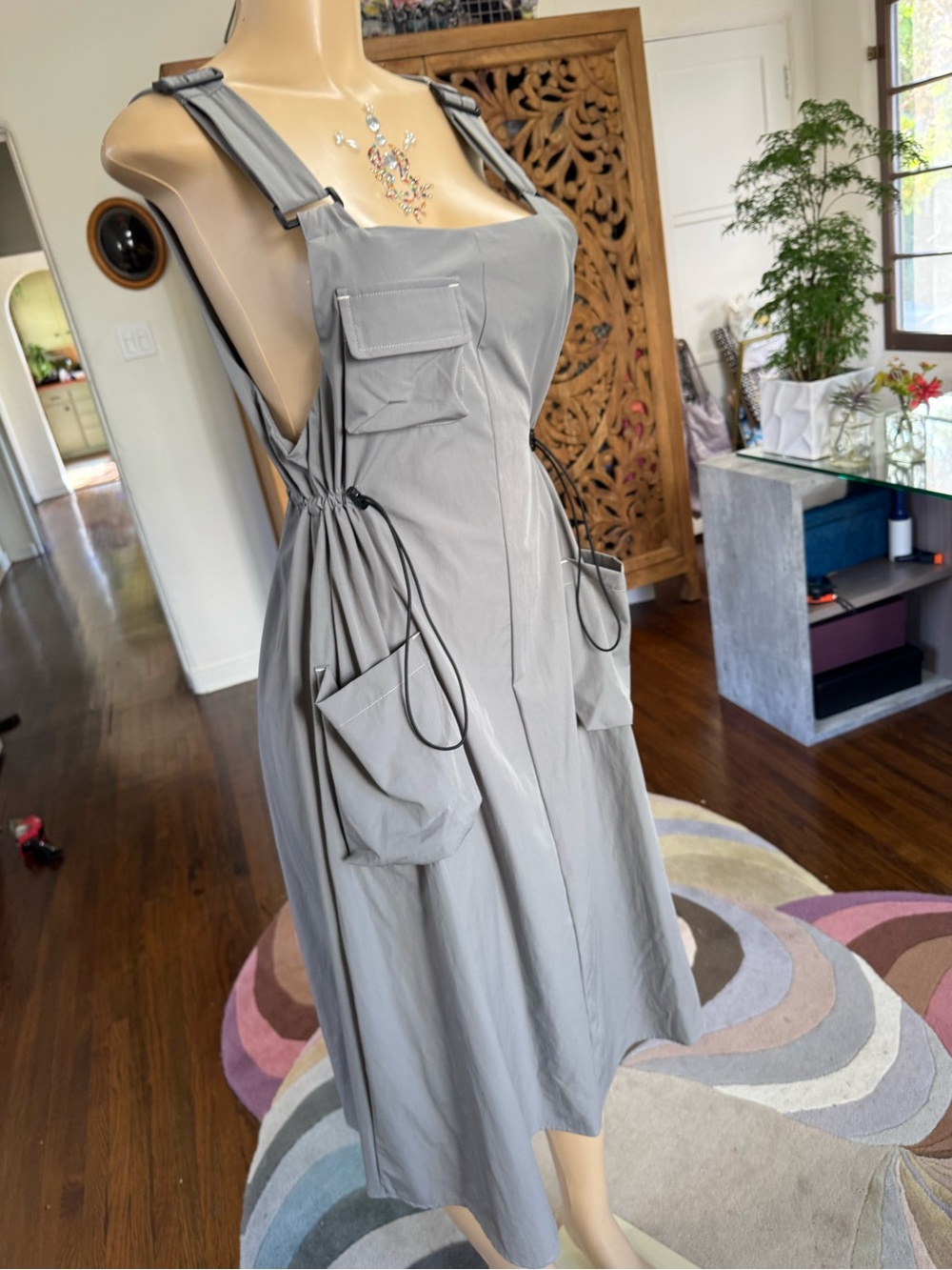 Gray Utility Overall Cargo Midi Dress size M